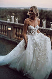 Gorgeous Ball Gown Sweetheart White Tulle Strapless Lace Wedding Dress with Court PW778