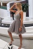 Gray V Neck Short Prom Dresses Straps Above Knee Homecoming Dress with Appliques H1142