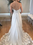 Grey V-Neck Spaghetti Straps Beach Wedding Dresses Backless Tulle Appliques Bridal Dresses W1047