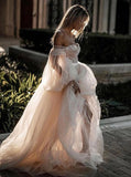 Princess Off the Shoulder Puff Sleeves Tulle Long Beach Wedding Dress W1129