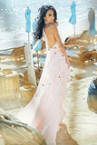 Boho Halter Backless Light Pink Beach Wedding Dresses with Appliques Ruffles W1190