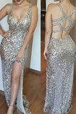Sexy Mermaid Side Slit Backless Sequin V-Neck Long Prom Dress