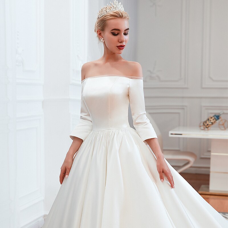Ball Gown Long Sleeves Strapless Satin Cathedral Train Wedding Dresses WH39353