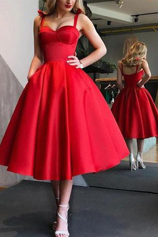 A-Line Spaghetti Straps Tea-Length Red Satin Prom Homecoming Dresses uk with Pockets PW86