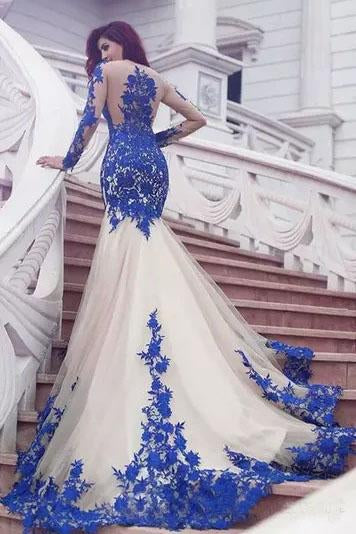 Mermaid Royal Blue Scoop Appliques Tulle Prom Dresses Long Evening Dress P1513