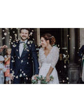 Half Sleeve V-Neck Lace Wedding Dresses with Chiffon Floor Length Ivory Bridal Dresses W1058