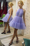 Halter Tulle Lavender Short Homecoming Dress with Open Back Above Knee Prom Dress H1263