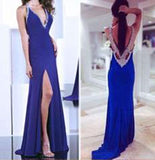 Gorgeous Blue Sexy Deep V-Neck with Slit Backless Prom DressPH125