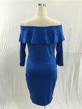 Charming Royal Blue Off the Shoulder Long Sleeve Prom Dresses Sheath Prom Gowns FP2515
