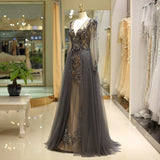 A Line Deep V-Neck Long Sleeve Beading Tulle Sweep Train Prom Dress Party Dress WH80722