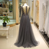 A Line Deep V-Neck Long Sleeve Beading Tulle Sweep Train Prom Dress Party Dress WH80722