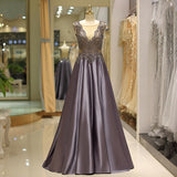A Line Sleeveless Beading Satin Court Train Prom Dress Party Dress WH66723