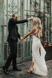 Charming Sheath Lace Bridal Gown with Slit Open Back Ivory Boho Wedding Dresses W1107