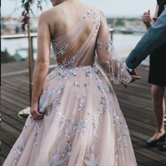 Long Sleeve One Shoulder Sparkly Prom Dress Long Evening Dress Long Prom Dress P1230