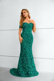 Off-the-Shoulder Mermaid Green Appliques Prom Dresses Long Evening Dresses