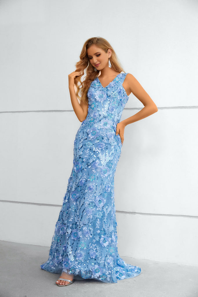 Unique Sleeveless Beaded Long Prom Dresses with Flower Appliques