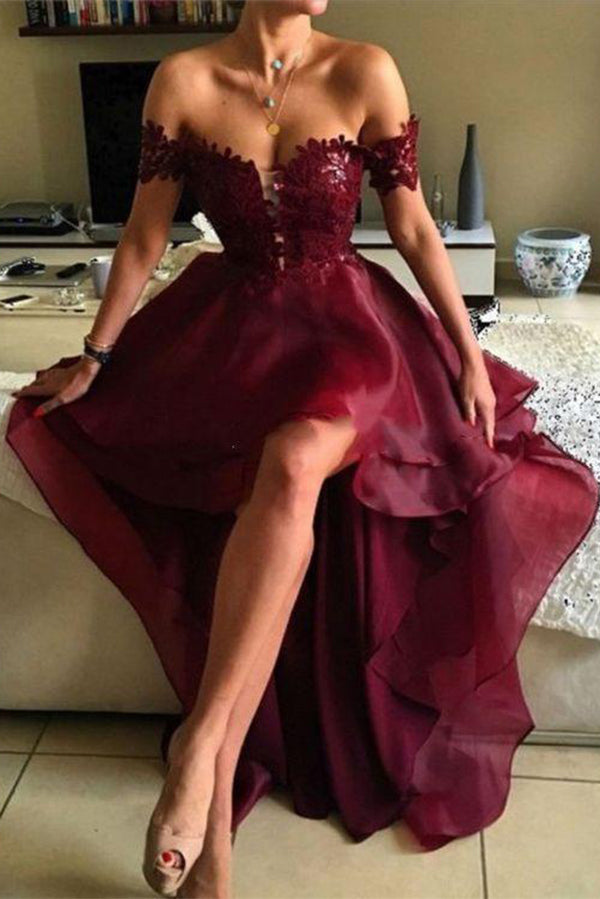 High-low Prom Dress,Asymmetrical Prom Dresses, Appliques Lace Backless Prom Dresses PH541