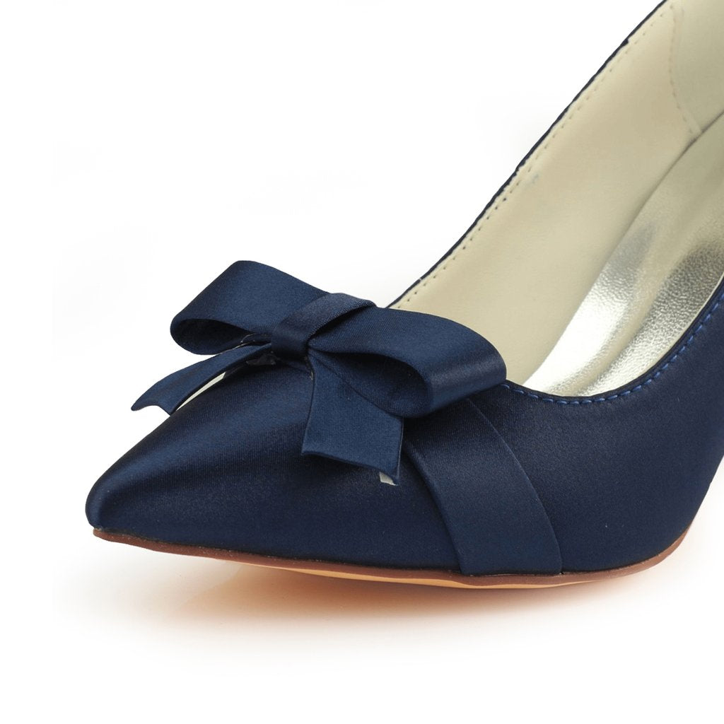 Navy Blue High Heels Wedding Shoes with Bowknot Fashion Satin Wedding Shoes L-942