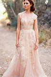 Tulle Vintage Romantic Unique Cap Sleeve Pink A Line Appliques Long Wedding Dress