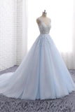 Princess Light Blue Long Ball Gown Lace Tulle Prom Dresses, V Neck Formal Dresses P1285