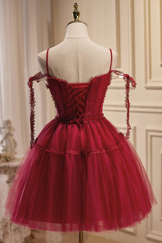 Burgundy A-line Lace Tulle Homecoming Dress LJ0569
