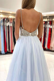 Spaghetti Straps V-Neck Tulle Long Prom Dresses With Beads PD0678
