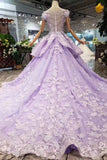 Lilac Ball Gown Short Sleeve Prom Dress with Flowers Gorgeous Quinceanera Dress PW968