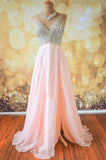 V-Neck Beading Bodice Floor Length Split Prom Dresses Evening Dresses PM554