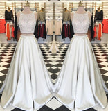 Stunning Satin Two Pieces Sequins Rhinestone Prom Dresses