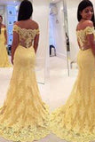 Elegant Sheath Yellow Lace Off Shoulder Long Prom Dresses PM662