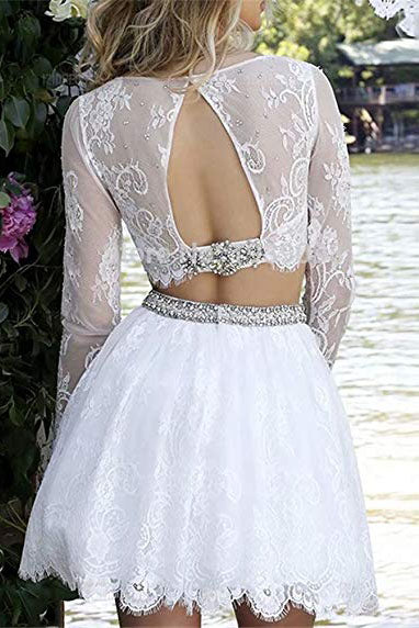 Long Sleeve Lace White Two Pieces Beads Short Prom Homecoming Dress H1174