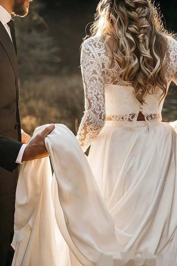 Long Sleeve Two Pieces Lace Beach Wedding Dresses Chiffon Boho Bridal Gowns W1100