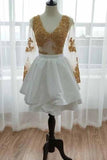 Long Sleeve V Neck White Homecoming Dresses, Gold Sequins V Neck Short Prom Dress H1072