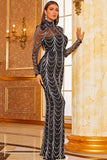 High Neck Long Sleeve Sparkly Evening Gown Islamic Sequins Prom Dress