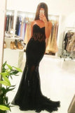 Mermaid Black Lace Strapless Sweetheart Prom Dresses Cheap Evening Dresses PW725