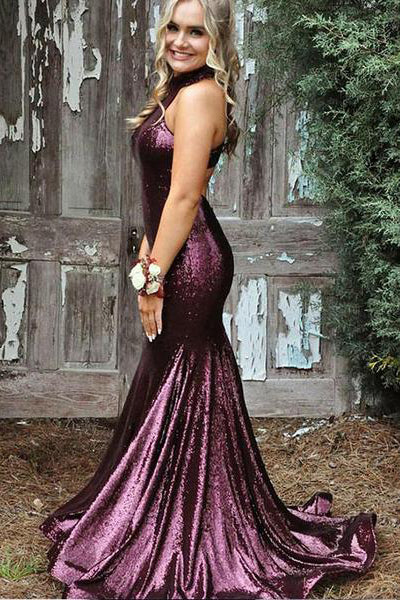 Mermaid High Neck Purple Sequin Evening Dresses Cheap Sleeveless Prom Dresses PW514