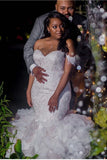 Mermaid Lace Off the Shoulder V Neck Ivory Wedding Dresses with Appliques, Bridal Gowns PW988