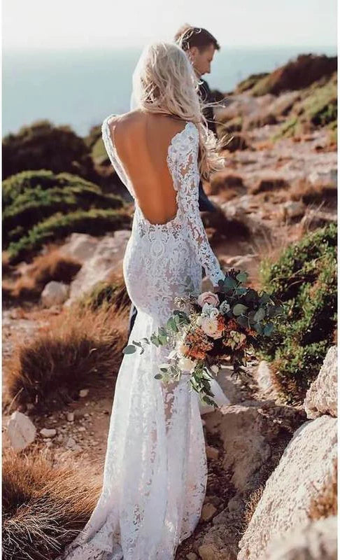Mermaid Long Sleeve Lace Beach Wedding Dresses Backless V-Neck Boho Wedding Gowns W1064