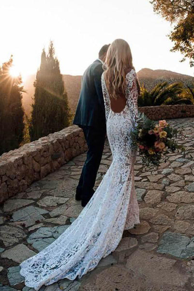 Mermaid Boho Long Sleeve Lace Beach Wedding Dresses Backless V