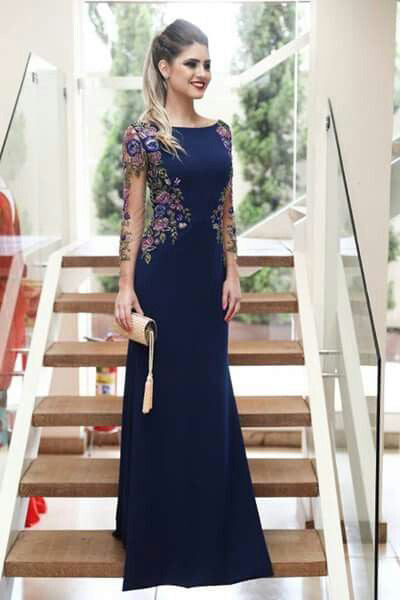 Mermaid Long Sleeves Navy Blue Scoop Prom Dresses Long Formal