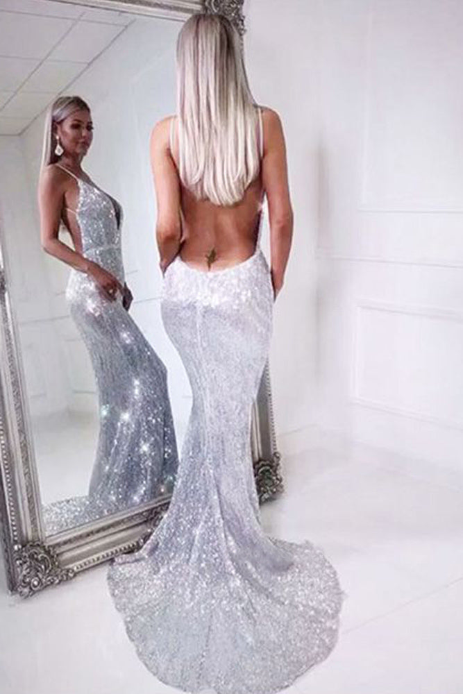 Mermaid Spaghetti Straps Silver Sequins V Neck Backless Prom Dresses Long Evening Dress PW697