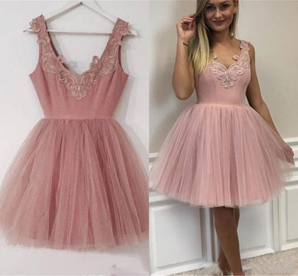 Mini Blush Pink Short Homecoming Dress with V-Neck Appliqued Tulle Prom Dress PW955