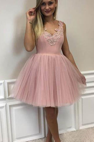 Mini Blush Pink Short Homecoming Dresses with V Neck Appliqued Tulle Prom Dresses PW955
