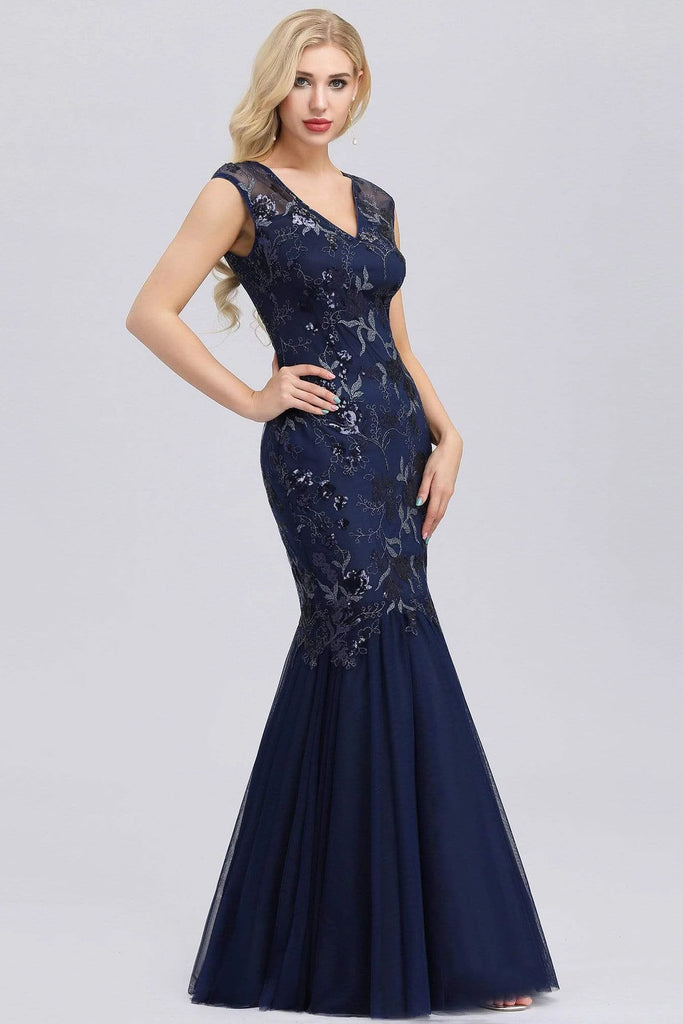 Elegant V-Neck Beaded Bodycon Mermaid Prom Dress Straps Evening Gowns P1179