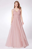 A Line Pink V-Neck Tulle Sleeveless Prom Dresses Long Bridesmaid Dresses P1178