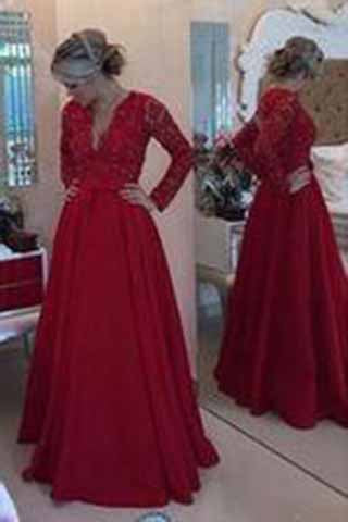 A Line Long Sleeves Open Back Lace Deep V-Neck Long Prom Dress