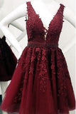 Cute Red Lace Appliques Homecoming Dresses V-Neck Tulle Above Knee Short Prom Dresses SX983
