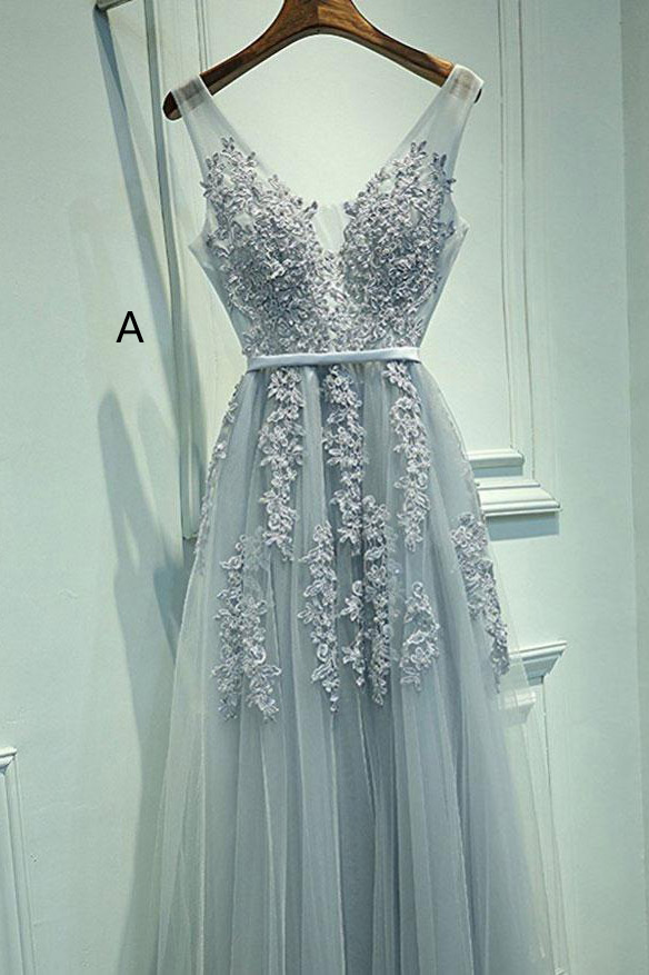 A-Line Grey Tulle Lace Appliques V-Neck Sleeveless Prom Dresses PM385