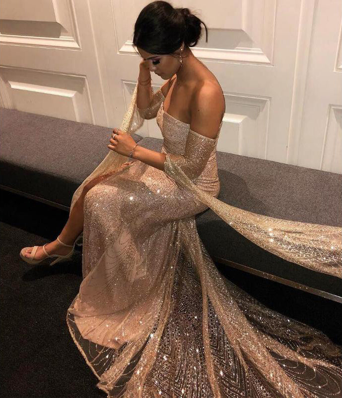 Off the Shoulder Sparkle Long Sleeves Prom Dresses Sequins Mermaid Evening Dress PW480