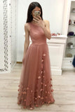 One Shoulder A Line Tulle Blush Pink Floor Length Prom Dresses Cheap Long Evening Dress PW902